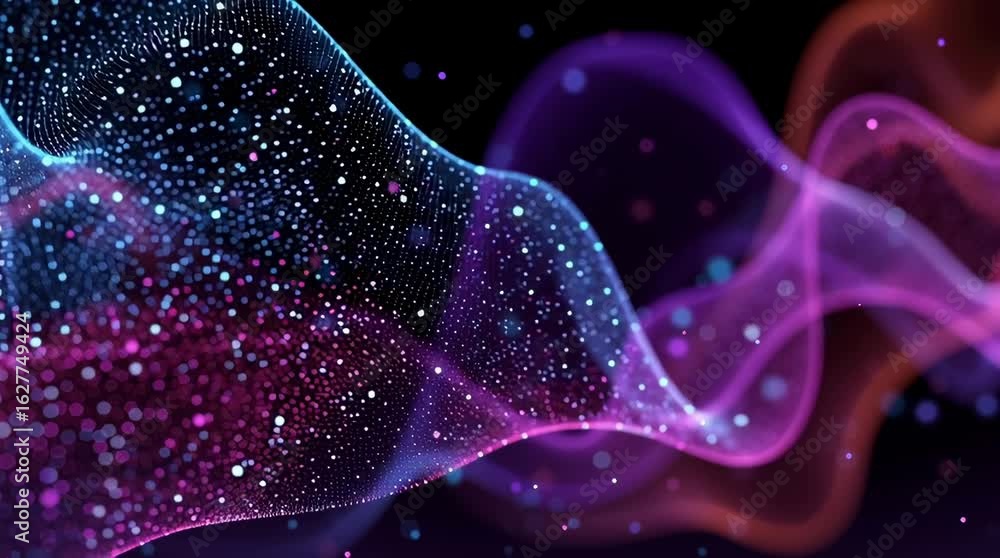 Poster vibrant abstract wave of flowing particles in blue purple and pink digital render dynamic motion bac
