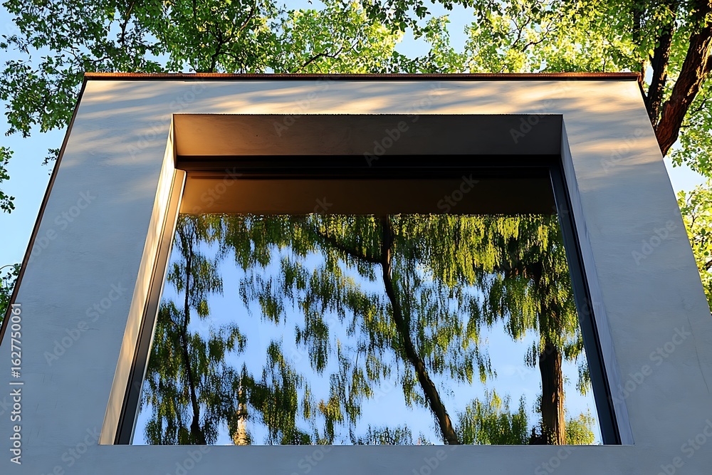 Poster large open window design on a minimalist cube-shaped house, clear reflections of trees