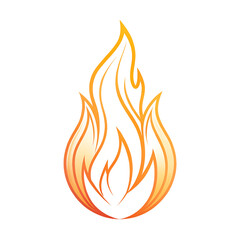 A stylized graphic of a single orange flame with yellow highlights, isolated on a transparent background, representing fire and warmth