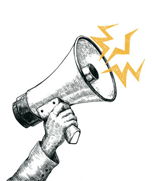 man shouting into megaphone