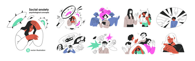 Social anxiety disorder. Shy anxious people with fear, phobia of society, communication, criticism. Psychology concept. Uncomfortable feelings. Flat vector illustration isolated on white background