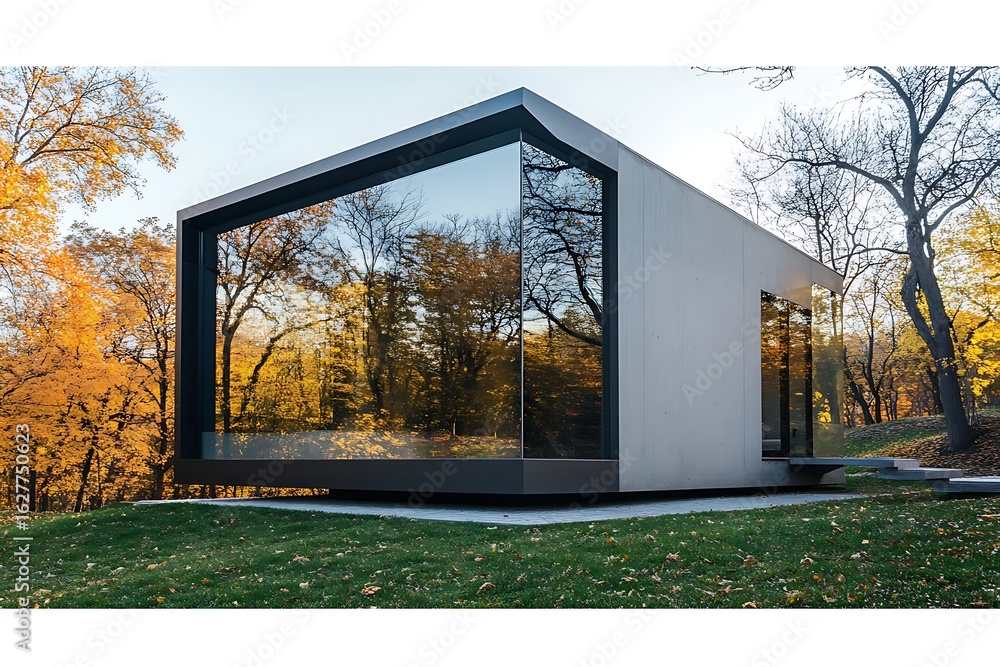 Poster large open window design on a minimalist cube-shaped house, clear reflections of trees