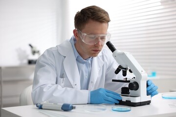 Medical analysis. Scientist working with microscope in laboratory