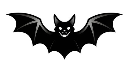 Black silhouette of a scary bat with glowing eyes and sharp fangs, isolated on transparent background