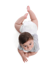 Cute little baby crawling on white background, above view