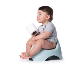 Cute little baby sitting on potty with toilet paper against white background