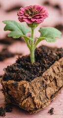 Close-up of a small pink flower in a natural-toned cork planter