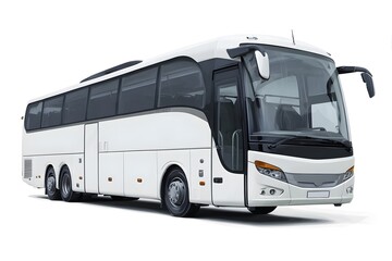 A white bus with tinted windows parked on a street.