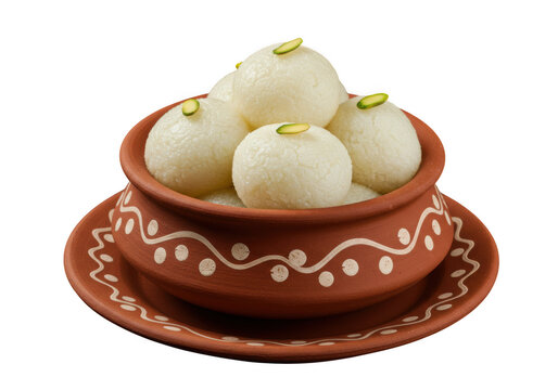 Delicious rasgulla sweet dessert in earthen pot isolated on transparent background