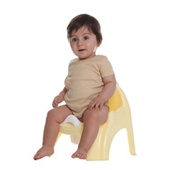 Cute little baby sitting on potty against white background