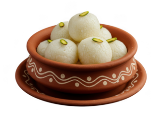 Traditional indian rasgulla dessert in a clay bowl isolated on transparent background
