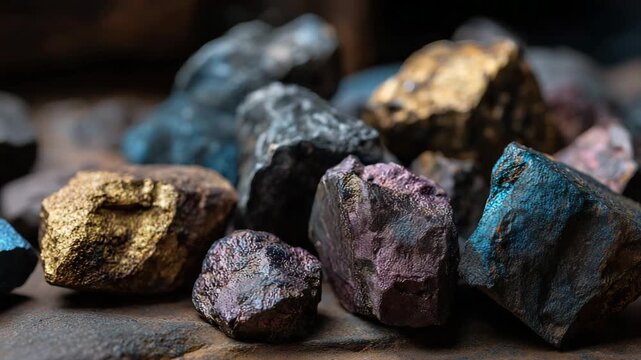 Macro close-up of raw rare earth mineral rocks&mdash;neodymium, cobalt &mdash; metallic earthy tones, dramatic studio lighting, sharp depth of field, business export concept