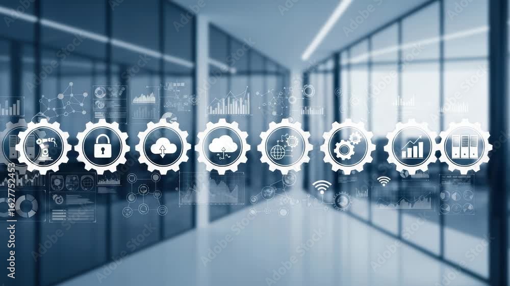 Poster a modern office interior showcases a digital interface with interconnected gears representing variou