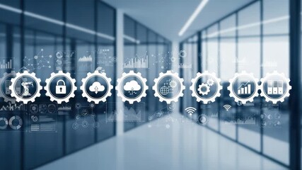 A modern office interior showcases a digital interface with interconnected gears representing various business and technology concepts like cloud computing, automation, and data analysis - Powered by Adobe