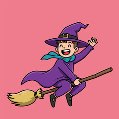 Cartoon witch riding a broomstick, smiling and waving in mid-air, dressed in a purple outfit with gold buckles, against a solid pink background.