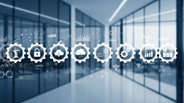 A modern office interior showcases a digital interface with interconnected gears representing various business and technology concepts like cloud computing, automation, and data analysis - Powered by Adobe