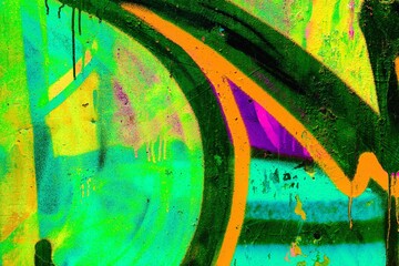 Graffiti art in neon green, yellow, pink. 80s acid style, trippy vibe, bold strokes, texture. Street art, murals, modern 2000s, Y2K creative visuals, vibrant urban design.