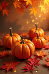Ripe orange pumpkins with vibrant autumn leaves on dark table. Warm sunset tones, seasonal fall harvest and Thanksgiving concept. Rustic autumn background for seasonal design