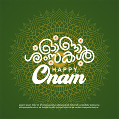 South India Kerala Onam festival vector illustration with happy onam typography in malayalam text on beautiful mandala background. Best for social media post, greeting, banner, background and flyer