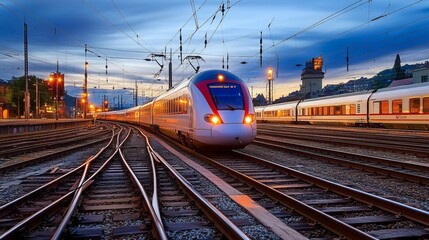 Fototapeta premium Nighttime View of a Modern Intercity Railway Station with Commuter Trains and Busy Platforms