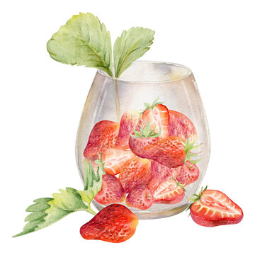 Strawberry full and cut in half served in glass with leaves, ripe picked berry pineberry strasberry snakeberry harvest. Isolated illustration hand drawn in watercolor. Farmers market grocery preserves
