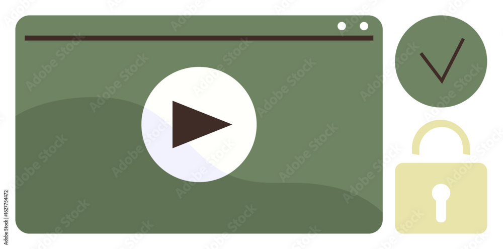 Poster media player with play button, checkmark indicating verified content, and padlock symbolizing secure