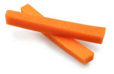 Slices of red carrot or carrot sticks isolated on white background. File contains clipping paths.