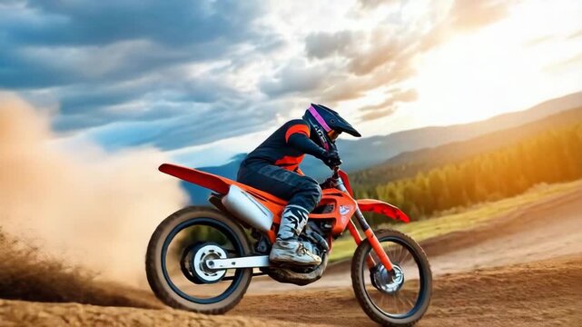 Rider performs thrilling jumps on dirt bike at sunset