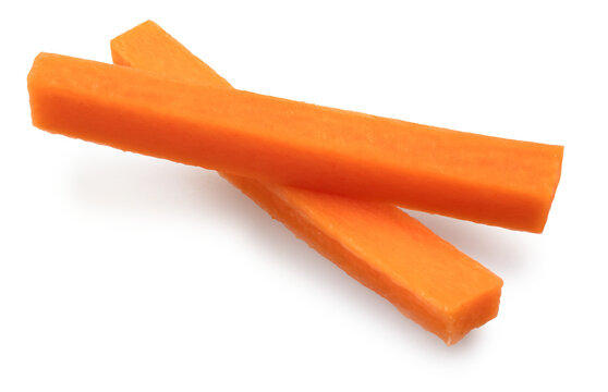 Slices of red carrot or carrot sticks isolated on white background. File contains clipping paths.