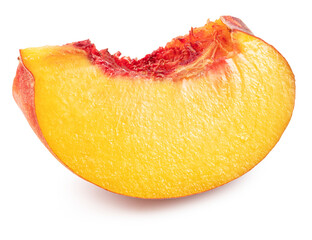 Ripe juicy yellow peach slice streaked with red flesh isolated on white. File contains clipping...