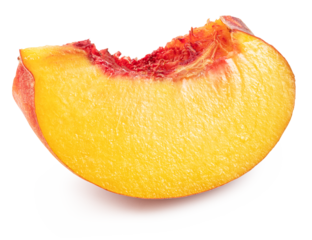 Ripe juicy yellow peach slice streaked with red flesh isolated on white. File contains clipping path.
