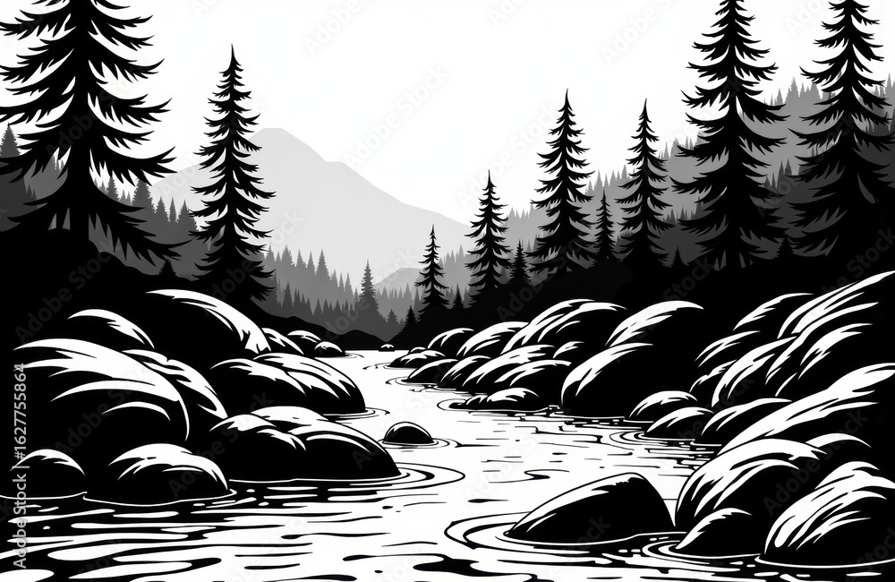 Poster serene river flowing through a forest with tall pine trees and mountain backdrop