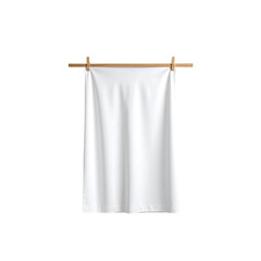 Clean white towel hanging with wooden clothespins on transparent background