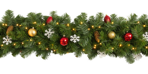 Festive christmas garland adorned with glowing warm white fairy lights red baubles golden ornaments and delicate white snowflakes against a stark black background