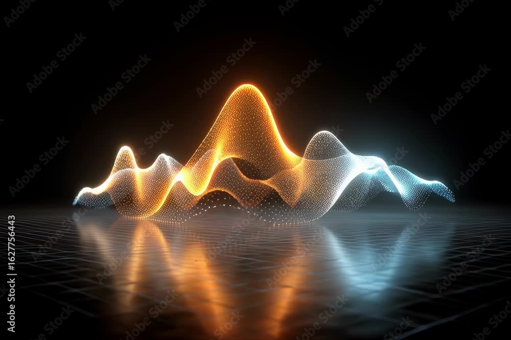 Poster glowing abstract wave of orange and blue particles reflecting on a grid surface digital render futur