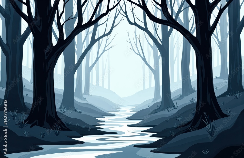 Poster misty forest with tall leafless trees and a flowing stream creating a tranquil natural scene