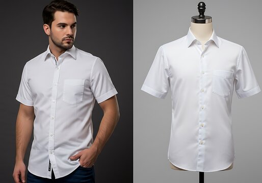 Man wearing white short sleeve button down shirt and shirt displayed on mannequin
