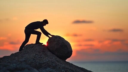 Silhouette of a person on a rocky hill at sunrise, symbolizing the journey of overcoming challenges