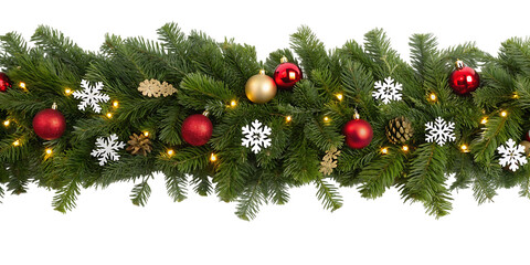 Festive christmas garland adorned with glowing warm white fairy lights red baubles golden ornaments and white snowflake decorations against a solid black background