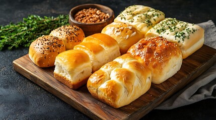 A wooden board filled with a delicious variety of soft and crusty bread rolls, perfect for sharing.


