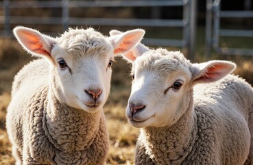 Obraz premium A pair of fluffy lambs standing outdoors in a farm setting with sunlight illuminating their woolly coats