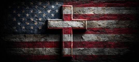 Wooden Jesus Cross and America flag. Religion faith worship spirituality concept. 4th of July or American independence day. Generative AI technology.