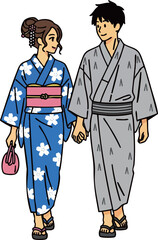 Fototapeta premium 花火大会へ向かう浴衣姿のカップル_夏の夜のイベントアニメイラスト