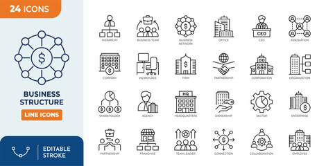 business structure line editable icon set. Containing Company, office, business network, hierarchy, employees, organization, workplace, corporation and more. editable stroke. vector illustration