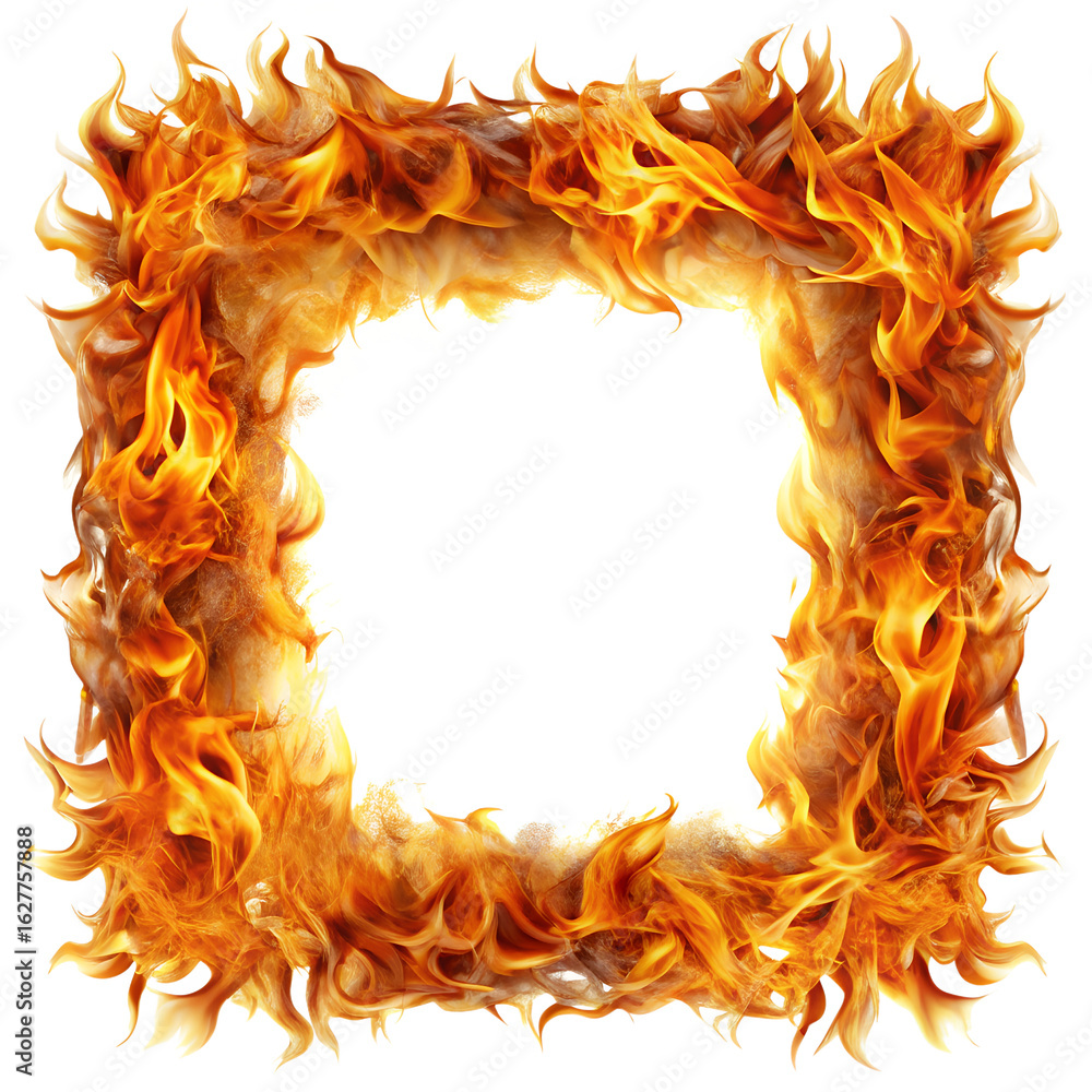 Poster square frame made of realistic burning fire flames isolated on transparent background