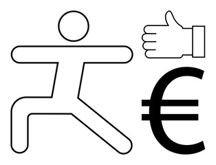 Stick figure in active stance, hand giving thumbs-up, euro currency symbol. Ideal for business growth, positive feedback, fitness, financial success, motivation, teamwork simple landing page