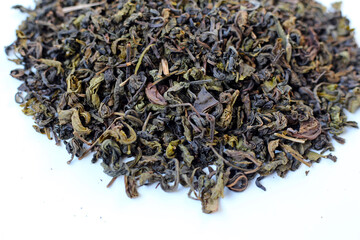 Close-up of dried oolong tea leaves