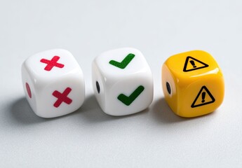 Three small dice, two white with checkmark and cross symbols, one yellow with a warning symbol