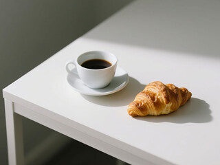A minimalist flatlay composition featuring a white ceramic cup of black coffee and a freshly baked croissant on a clean white table. The soft morning light and long shadows create a calm, cozy