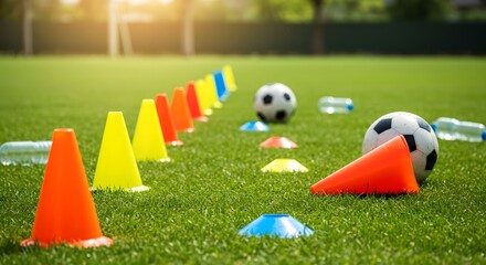 Vibrant Soccer Cones and Balls on a SunKissed Pitch Ready for Training.
